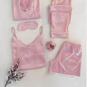 6 in 1 Women Silk Night Dress Set - M, Pink